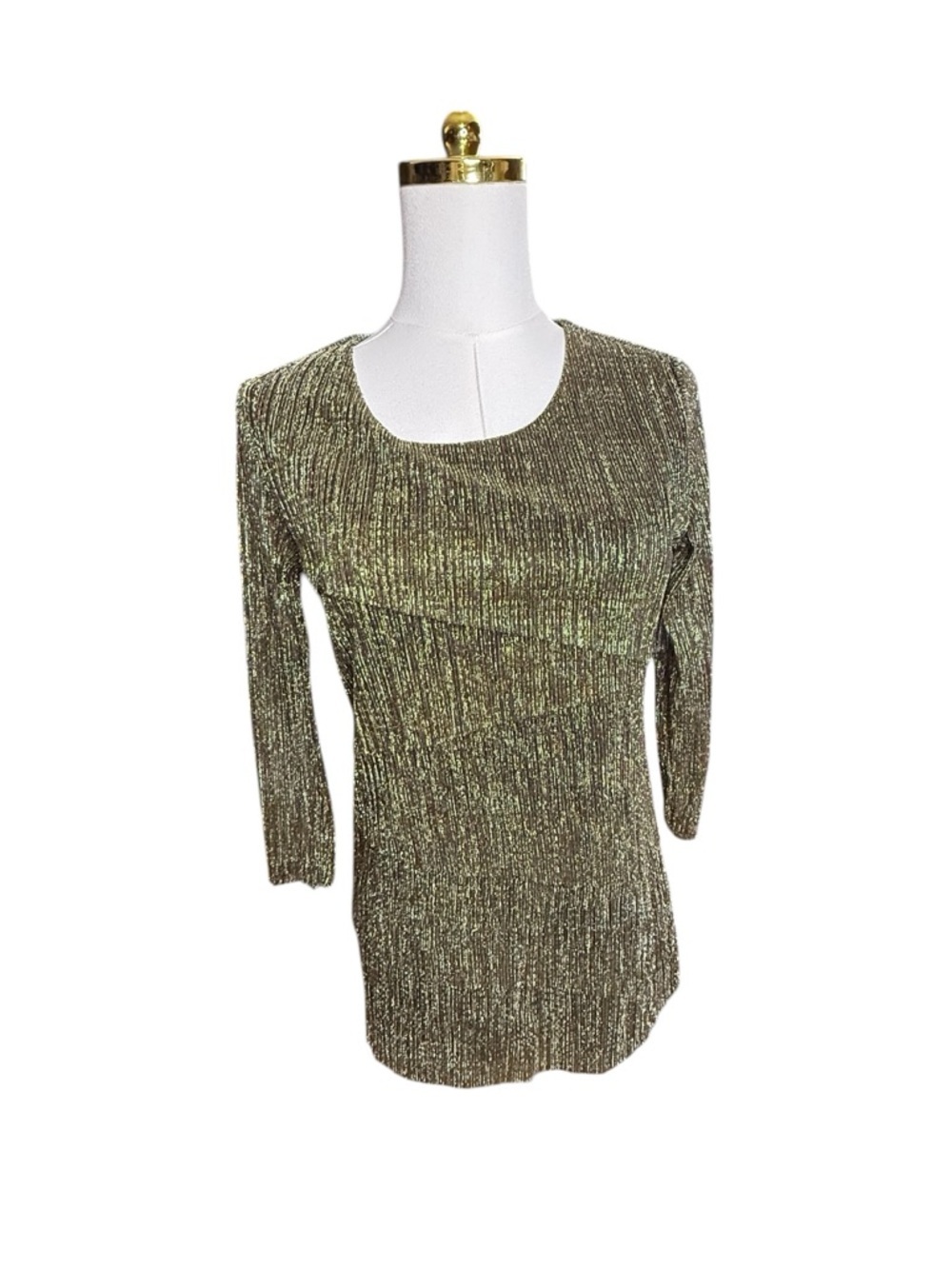 Jennie & Marlis Black and Gold 3/4 Sleeve Scoop Neck Knit Top Ruffles Size S